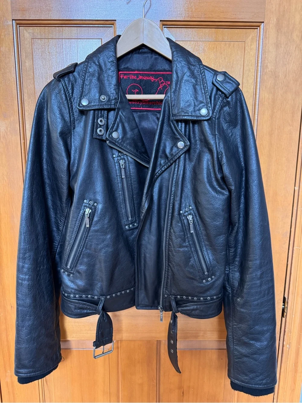 Classic ‘One Sexy Biker Chick’ Black Leather Moto Jacket - Women's Size 38